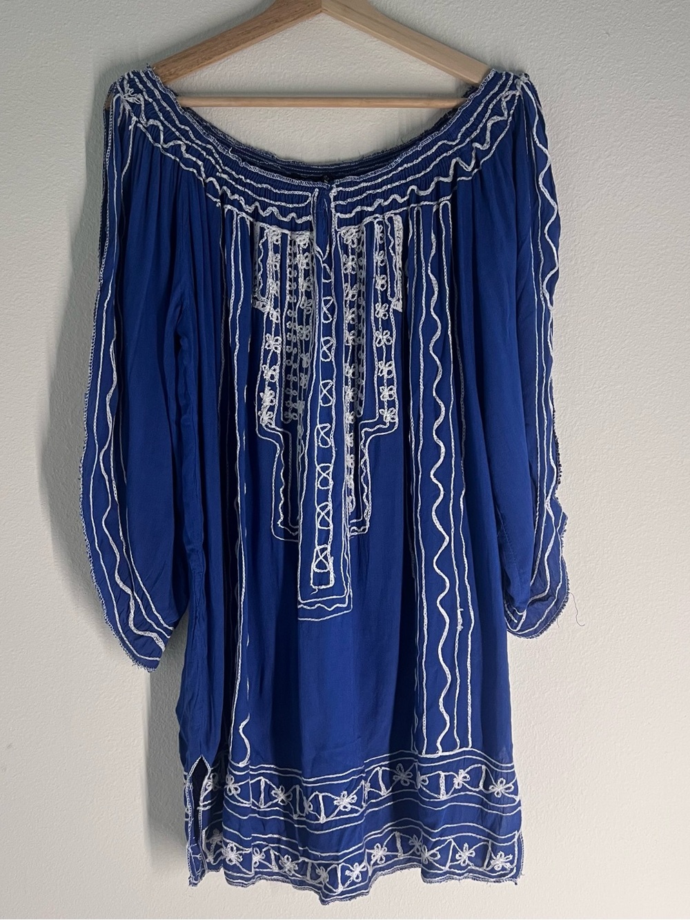 S.R. Fashion Blue Boho Embroidered Off Shoulder Tunic Dress XL